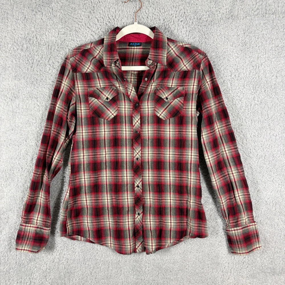 KUHL Sheridan Snap Button Plaid Flannel Womens Size M Red Pockets Long Sleeve